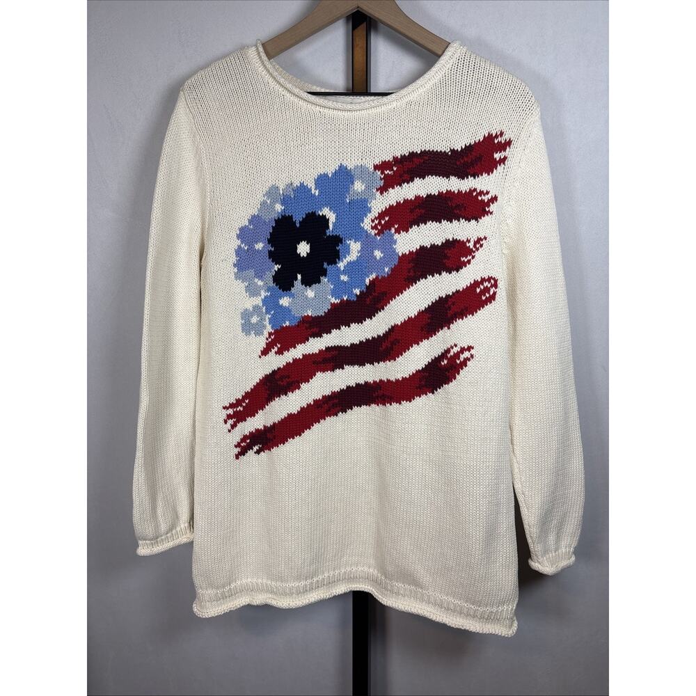 Coldwater Creek Flower Flag Sweater Women's Large Cotton Patriotic USA Festive
